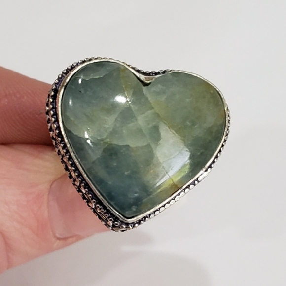 Beautiful Heart Shaped Aquamarine Gemstone 925 Vintage Goth Ring - Picture 2 of 12